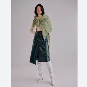Mijeong Park - Deep Green Crocodile Embossed Faux Leather Skirt - Size L
